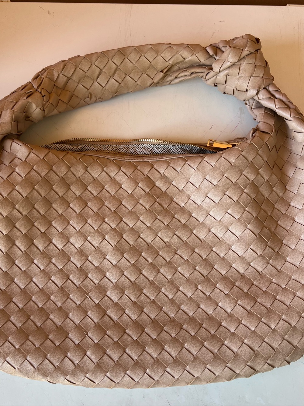 Urban Expressions Woven Knot-Handle Hobo Bag in Light Taupe Bottega inspired